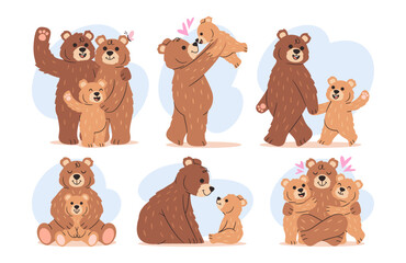 Family bear cute loving animals cartoon characters expressing happiness and adoration isolated set