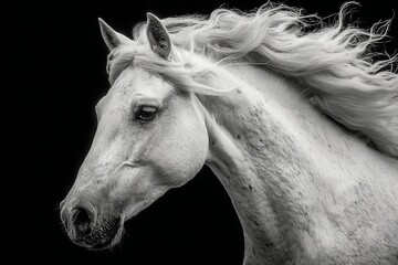 Obraz premium White horse profile against minimal black background with flowing mane