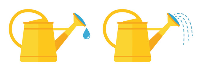 Two vibrant yellow cartoon watering cans, one dripping water and the other with a pouring stream, symbolizing gardening, plants, and hydration. © Pixelly
