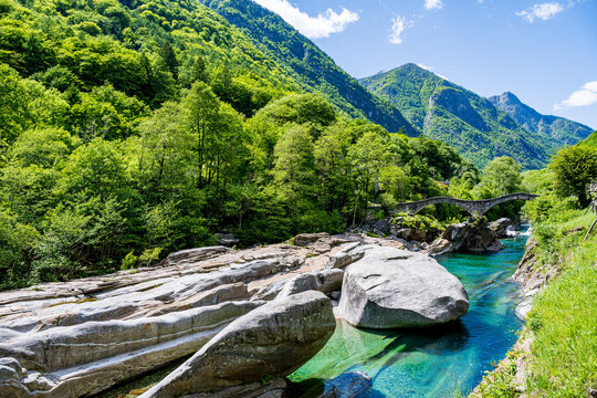 Unique rock formations and clear waters and ponte dei salti at Lavertezzo during Spring, Verzasca Valley, Switzerland