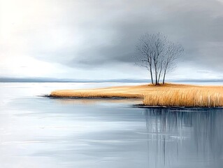 Abstract Textured Landscape with Island and Tree