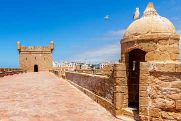 Port of Essaouira Sqala, Portuguese castle with stone wall, fort and seagulls, Essaouira, Morocco