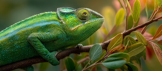 Fototapeta premium A bright green chameleon perched on a branch, its skin shifting to match the colors of the surrounding leaves in the warm sunlight.