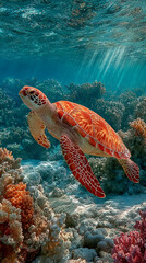 Fototapeta premium A calm sea turtle gliding through the vibrant coral reefs, its smooth shell reflecting the sunlight filtering through the clear water.