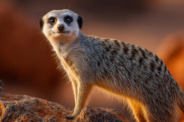Fototapeta premium A curious meerkat standing on a rock, its sharp eyes scanning the open desert for danger as the hot sun beats down.