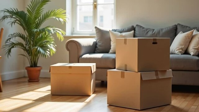Moving boxes stacked in cozy living room with green plant
