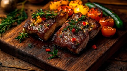 grilled beef steak with spices and herbs on a wooden plate
