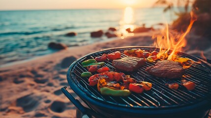 illustration of a big island with a beach and a beautiful view of an island and grilled meat