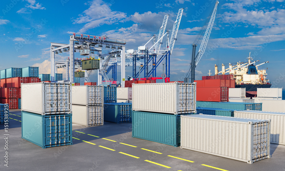 Poster container port terminal with stacks of colorful shipping containers, gantry cranes in operation, and