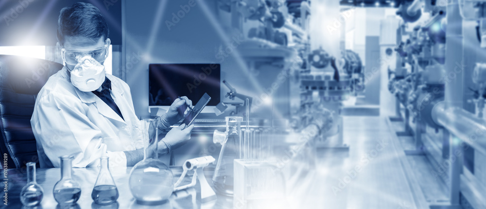 Aufkleber man in industrial laboratory. technologist controlling product quality at factory. man lab assistant
