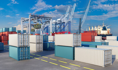 Container port terminal with stacks of colorful shipping containers, gantry cranes in operation, and a large cargo ship docked under a vibrant blue sky. – Shipping, Logistics, Maritime