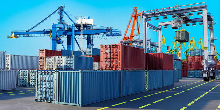 Busy container port terminal with stacks of cargo containers, large blue and orange cranes, and a gantry crane actively loading a container under clear skies. – Logistics, Shipping, Port