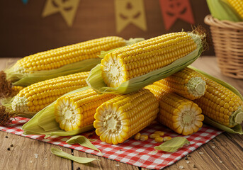 Fresh corn on the cob with husks on rustic wooden table and red checkered cloth – traditional Brazilian Festa Junina food, organic vegetables, harvest concept