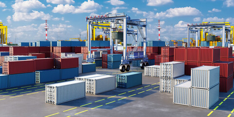 Vibrant seaport with stacked red, blue, and white cargo containers and gantry cranes operating under a bright blue sky, facilitating import-export logistics. – Shipping, Freight, Logistics