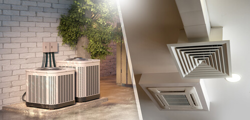 Conditioning technologies. Air duct under ceiling. Air conditioning equipment outside building. Ventilation system. Vents shafts and grilles view from below. Conditioning pumps after wall.