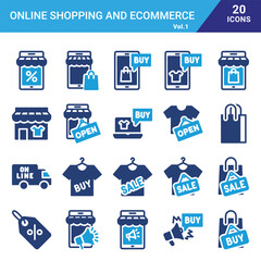 Online shopping and ecommerce icon set for commercial use.