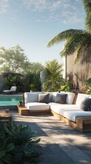 Fototapeta premium Relaxing Outdoor Seating Area With Pool Surrounded by Tropical Plants in a Serene Setting