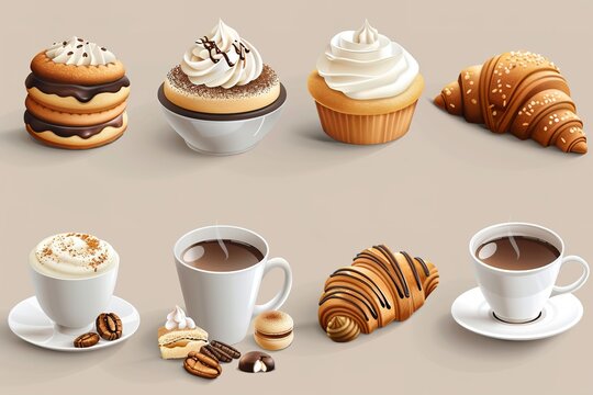 3d coffee and pastry. Tea cup, take away and cappuccino. Croissants and cookies, sweet cake desserts with cream and chocolate. Bakery shop pithy vector set