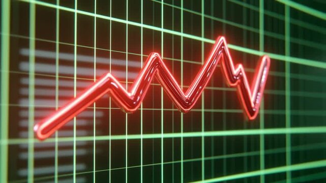 A digital graph with a red zigzag line indicating fluctuating trends. The background features a grid pattern, symbolizing data analysis and financial growth.