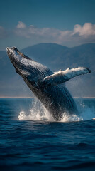 Fototapeta premium A majestic humpback whale breaching the surface of the ocean, its enormous body soaring through the air as water splashes around it.