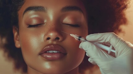 Black woman receiving a Botox injection, with gloved hand carefully administering the treatment on her face, Subject as she undergoes  beauty treatment procedure.