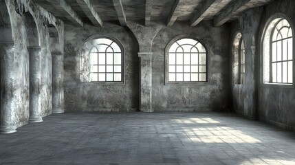 Empty grunge interior room with arched windows and stone columns