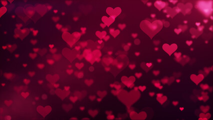 Romantic background with soft red and pink heart shapes in bokeh style on a dark burgundy backdrop, suitable for Valentine’s themes.