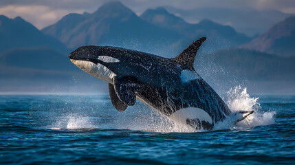 Fototapeta premium A majestic orca breaching the surface of the ocean, its massive body leaping through the air as water splashes around it.