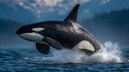 Fototapeta premium A majestic orca breaching the surface of the ocean, its massive body leaping through the air as water splashes around it.