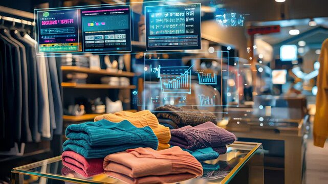 Smart retail display with IoT-powered inventory visualization in modern clothing store, enhancing customer engagement and digital commerce optimization.