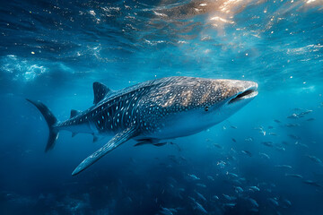 Fototapeta premium A majestic whale shark swimming gracefully through the ocean, its massive body moving slowly as fish dart in and out of its path.