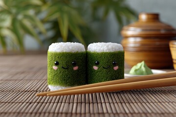 sushi date night, adorable sushi rolls with blushing nori faces on a romantic date, joined by chopsticks and accompanied by wasabi and ginger wingmen