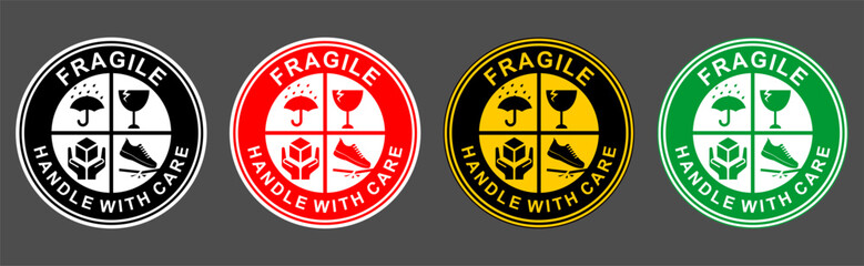 Set of black, red, yellow, and green fragile handle with care stickers featuring umbrella, broken glass, and hands holding box icons, vector illustrations for shipping safety and packaging labels.