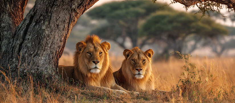 A pair of golden lions resting under the shade of an acacia tree, their regal presence a peaceful contrast to the bustling savannah. - Powered by Adobe