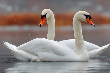 Fototapeta premium A pair of majestic swans gliding gracefully across a quiet lake, their long necks curving in perfect harmony as they swim in the still water.
