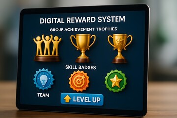 A close-up shot captures a digital reward system interface, designed with an array of achievement trophies and skill badges on a tablet.