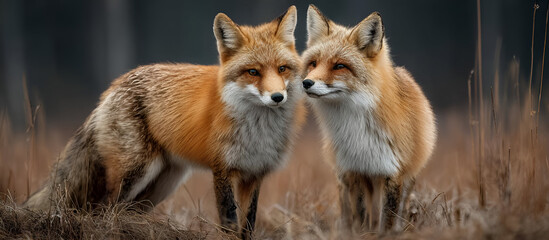 Fototapeta premium A pair of red foxes playing together in a meadow, their sleek fur and playful antics captured in the soft light of a spring afternoon.