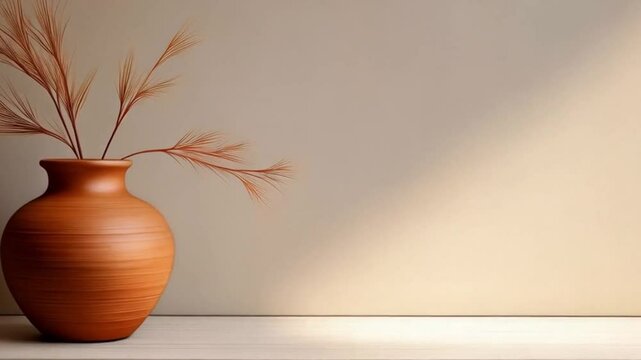 Kleine Tonvase auf wei&szlig;em Regal &ndash; warme Zur&uuml;ckhaltung im minimalistischen Landhausstil.