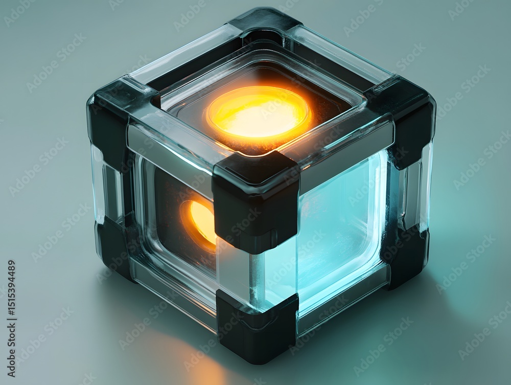 Poster futuristic cube: a high-tech, luminous cube with a glowing core and sleek, transparent panels agains