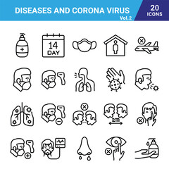 Diseases and corona virus vector icon set.