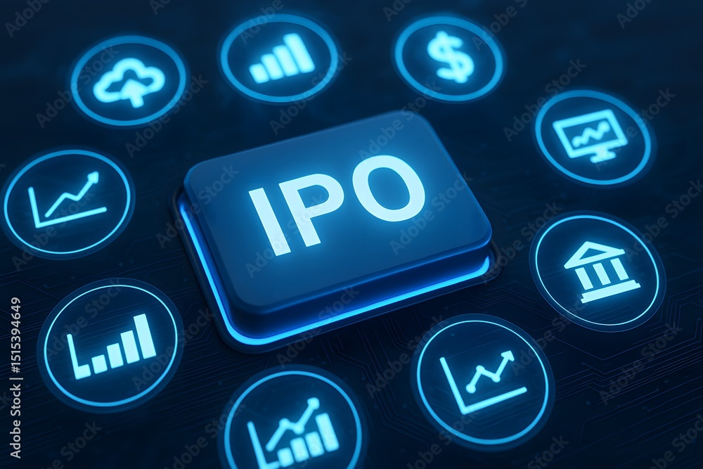 Poster an ipo button, surrounded by financial icons. highlighting the digital interface for initial public 