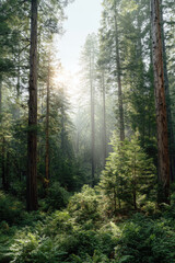 Fototapeta premium serene forest landscape within national park showcasing towering trees and lush greenery