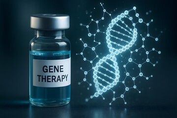 An artistic representation shows the cutting-edge gene therapy treatment, conveying scientific advancement. with a focus on medical innovation and potential for transformative health solutions.