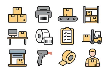 Warehouse logistics icons: boxes, forklift, barcode scanner, conveyor belt