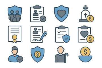 Insurance and security icons with people, shields, money, and documents