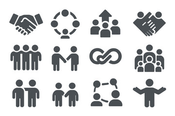 Gray icons depicting teamwork and collaboration concepts on black background
