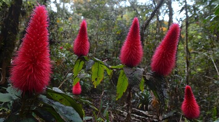 Vibrant Red Tropical Flowers in Lush Forest Setting