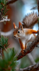 A playful squirrel hopping from one tree branch to another, its tail swishing behind it as it moves through the forest canopy.