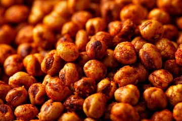 Obraz premium The image showcases a close-up of golden, crunchy roasted chickpeas seasoned with spices. The rich colors and textures highlight the delicious snack, evoking warmth and comfort