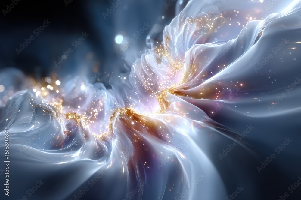 Poster swirling cosmic vapor with shimmering lights and dynamic movement in a galactic backdrop